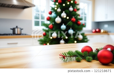 Festive decor and christmas ornaments on kitchen counter Festive decor and christmas ornaments on kitchen counter 121218671