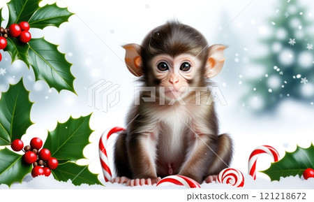 Festive monkey surrounded by candy canes and holly in winter wonderland Festive monkey surrounded by candy canes and holly in winter wonderland 121218672