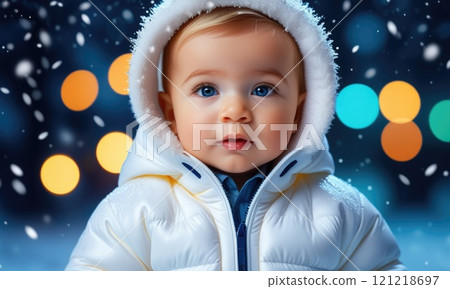 Adorable baby in winter attire with snowflakes and bokeh background 121218697