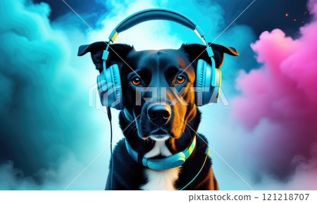 Vibrant dog listening to music with headphones against colorful smoke background 121218707
