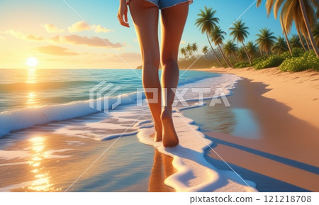 Serene sunset stroll on tropical beach with palm trees and gentle waves Serene sunset stroll on tropical beach with palm trees and gentle waves 121218708