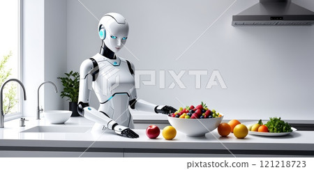 Futuristic robot assisting in modern kitchen with fresh produce 121218723