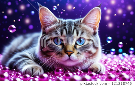 Adorable kitten with blue eyes amidst sparkling bubbles in vibrant colors 121218746