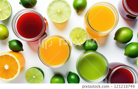 Vibrant citrus beverage assortment with freshly cut limes and oranges 121218749