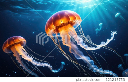 Vibrant jellyfish gracefully gliding in sunlit ocean waters 121218753
