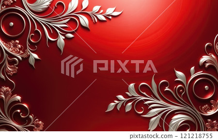 Elegant red background with ornate silver floral elements in artistic design 121218755