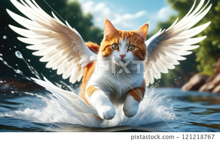 Majestic cat with angelic wings skimming across water in nature 121218767