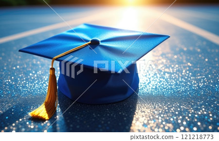 Blue graduation cap with gold tassel on glittering surface at sunrise Blue graduation cap with gold tassel on glittering surface at sunrise 121218773