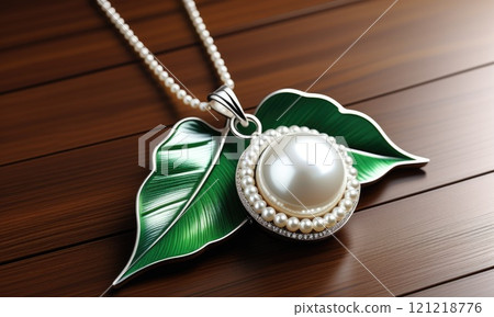 Elegant pearl necklace with green leaf pendant on wooden surface 121218776