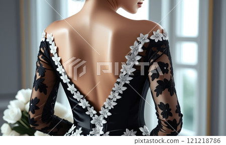 Elegant black dress with lace floral details on back in natural light Elegant black dress with lace floral details on back in natural light 121218786