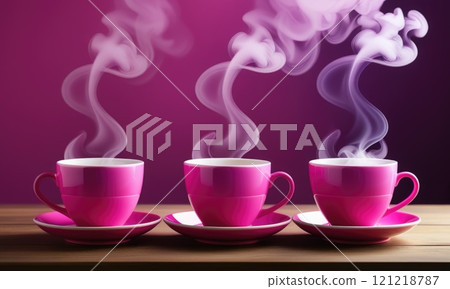 Steaming pink coffee cups on wooden table against purple background 121218787