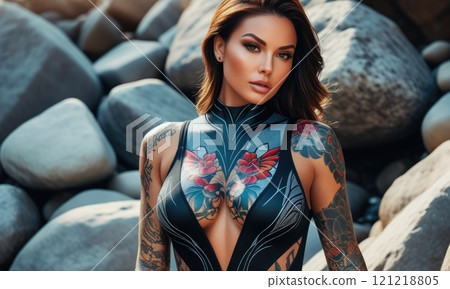 Tattooed woman in artistic outfit among natural rocks Tattooed woman in artistic outfit among natural rocks 121218805