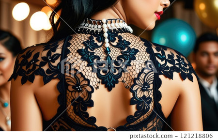 Elegant lace dress with intricate back design at a glamorous evening event Elegant lace dress with intricate back design at a glamorous evening event 121218806
