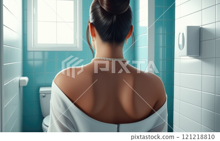 Elegant woman in bathroom with blue tiles and pearls 121218810