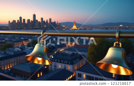 Urban sunset with bells overlooking city skyline Urban sunset with bells overlooking city skyline 121218817