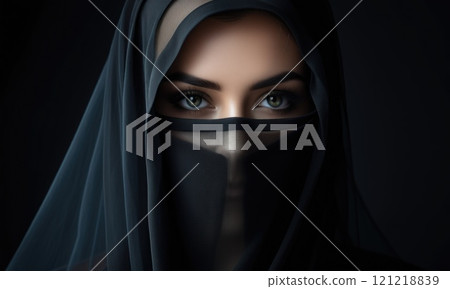 Mysterious woman in black veil with intense eyes 121218839