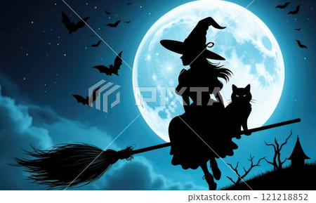 Silhouette of witch on broomstick with cat flying against full moon Silhouette of witch on broomstick with cat flying against full moon 121218852