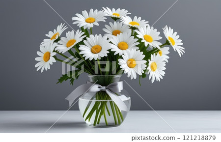 Vibrant daisies in glass vase with gray ribbon on minimalist gray background Vibrant daisies in glass vase with gray ribbon on minimalist gray background 121218879