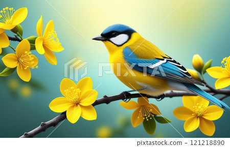 Vibrant blue tit among yellow blossoms on a spring morning Vibrant blue tit among yellow blossoms on a spring morning 121218890