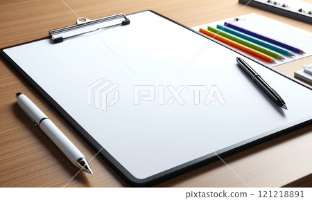 Blank clipboard with pens and pencils on wooden desk for office organization 121218891