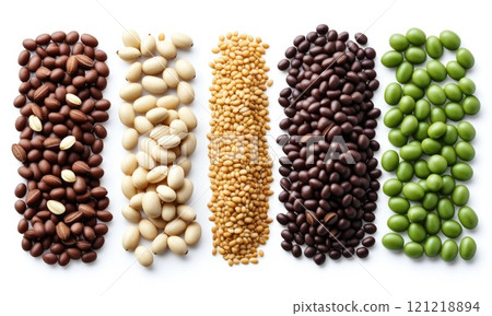 Variety of colorful beans and nuts on white background Variety of colorful beans and nuts on white background 121218894