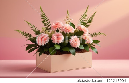 Elegant floral arrangement with pink gerbera daisies in a minimalist box on pastel background Elegant floral arrangement with pink gerbera daisies in a minimalist box on pastel background 121218904
