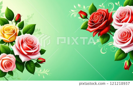 Vibrant floral arrangement with red and pink roses on a green background 121218937