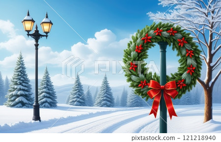 Winter wonderland with festive wreath and snowcovered landscape Winter wonderland with festive wreath and snowcovered landscape 121218940