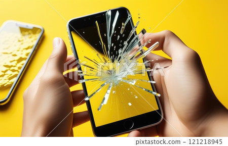 Hand holding cracked smartphone with broken screen on vibrant yellow background 121218945
