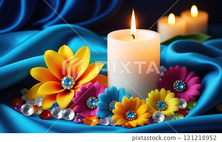 Vibrant flowers and candlelight on luxurious blue fabric for tranquil ambiance Vibrant flowers and candlelight on luxurious blue fabric for tranquil ambiance 121218952