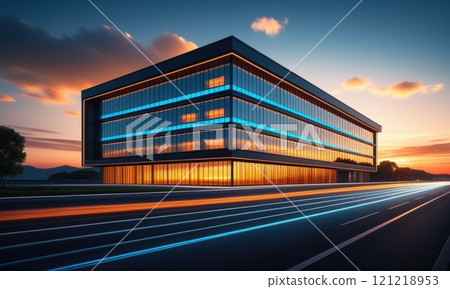 Modern office building illuminated at sunset with light trails on highway Modern office building illuminated at sunset with light trails on highway 121218953