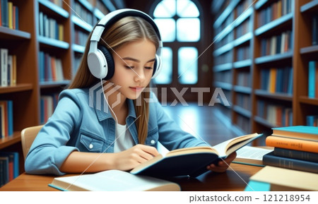 Young woman reading and listening to music in a library for focused studying Young woman reading and listening to music in a library for focused studying 121218954