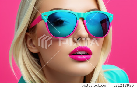 Vibrant portrait of woman in colorful sunglasses and makeup on pink background 121218959