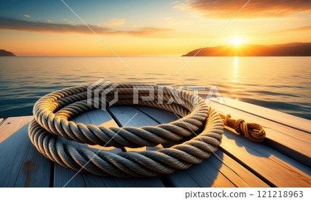 Serene sunset over calm ocean with coiled rope on wooden pier 121218963