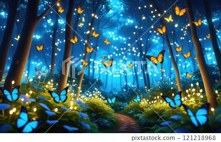 Enchanted forest path with glowing butterflies and twinkling lights Enchanted forest path with glowing butterflies and twinkling lights 121218968