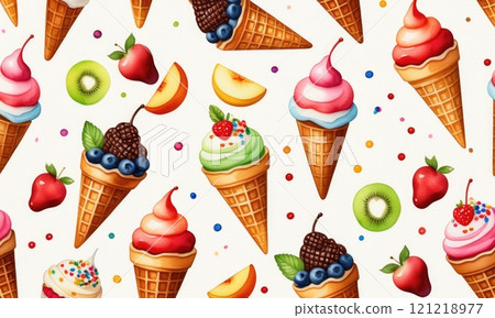Colorful ice cream cones and fruits on a vibrant patterned background 121218977