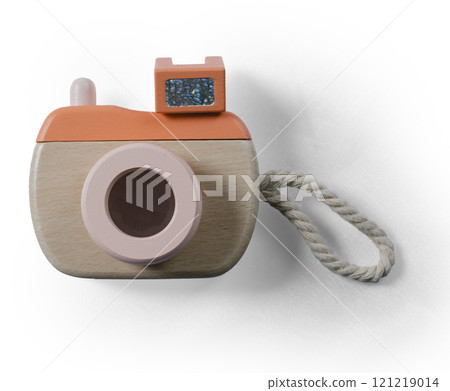Warm wooden toy camera - Natural interior accessory on a white background 121219014