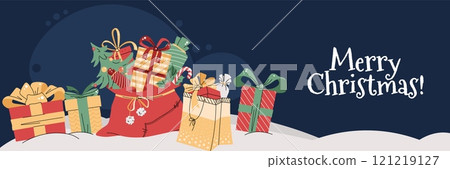 Christmas horizontal banner with bag of gifts on the snow in flat cartoon style. Vector illustration for poster, banner, invitation, etc 121219127