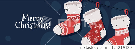Christmas horizontal banner with hanging Christmas stockings in flat cartoon style. Vector illustration for poster, banner, invitation etc. 121219129