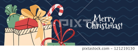 Christmas horizontal banner with gifts on a blue background in a flat cartoon style. Vector illustration for poster, banner, invitation, etc. 121219130