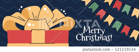 Christmas horizontal banner with a red gift box, a garland in a flat cartoon style. Vector illustration for poster, banner, invitation, etc. 121219134