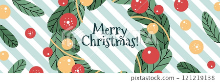 Christmas horizontal banner with Christmas wreath, fir branches and balls in flat cartoon style. Vector illustration for poster, banner, invitation etc. 121219138