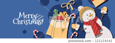 Christmas horizontal banner with a snowman and gifts on a blue background in a flat cartoon style. Vector illustration for poster, banner, invitation, etc. Christmas horizontal banner with a snowman and gifts on a blue background in a flat cartoon style. Vector illustration for poster, banner, invitation, etc. 121219142