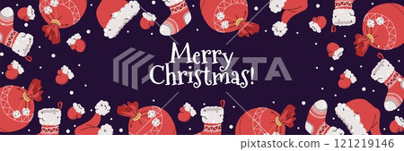 Christmas horizontal banner with Santa Claus s items on a yellow background in a flat cartoon style. Vector illustration for poster, banner, invitation, etc Christmas horizontal banner with Santa Claus s items on a yellow background in a flat cartoon style. Vector illustration for poster, banner, invitation, etc 121219146