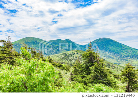 【日本名山百選】八甲田山、左起：赤岳、井戶山、小嶽山 夏季山峰。 121219440