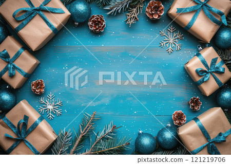 Christmas flatlay background in blue shades with Christmas balls, gift boxes, snowflakes, cones and fir tree twigs. 121219706