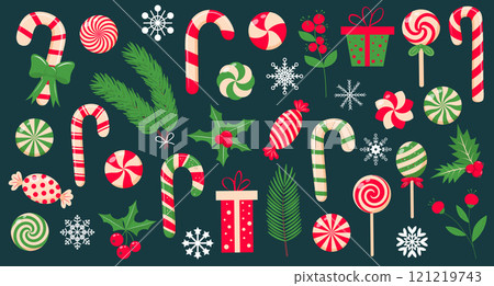 Christmas sweets, lollipops, candy canes, gifts, holly berry and twigs set. Peppermint candies red, green and cream collection. Christmas sweets, lollipops, candy canes, gifts, holly berry and twigs set. Peppermint candies red, green and cream collection. 121219743
