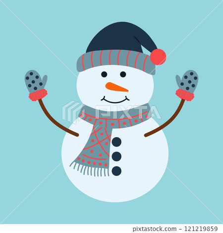 Cute snowman in hat, scarf and mittens. Christmas funny winter character. Vector flat hand drawn illustration. 121219859