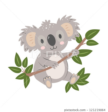 Cute koala on a branch isolated on white background. Cartoon nursery art baby character. Cute koala on a branch isolated on white background. Cartoon nursery art baby character. 121219864