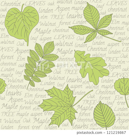 Seamless pattern with leaves on text background 121219867